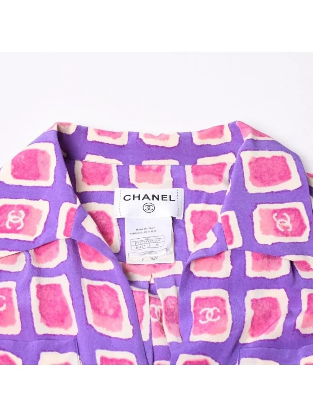 Chanel Zip Up Long Sleeve Silk Shirt CC Logo Coco Cube Purple 36